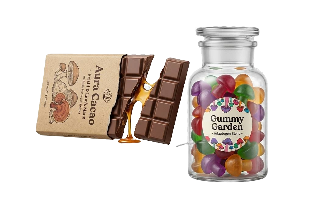 Premium functional mushroom chocolate bars and gummies package layout⁠.